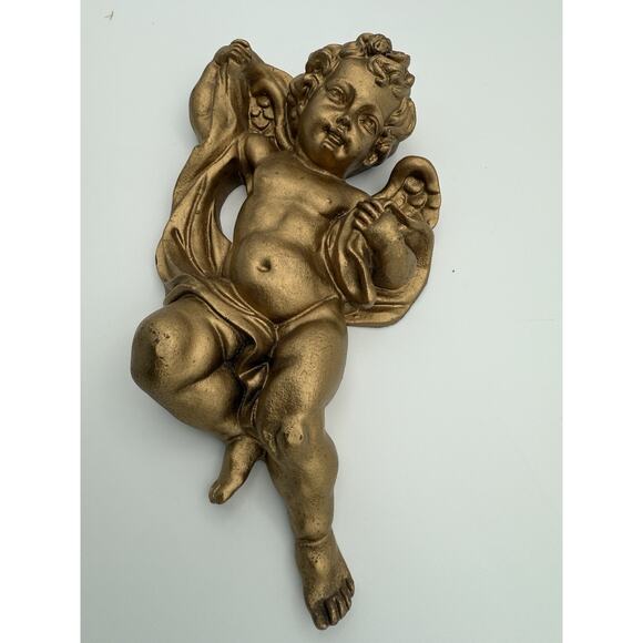 Angel Cherub Wall Hanging Putti Gold Gilt Finish Resin 9.5” Long Decor Vintage - Picture 5 of 9